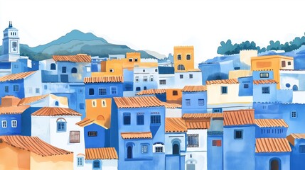 Chefchaouen Blue City. Chefchaouen Blue City hand drawn watercolor illustration on white background