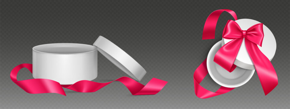 Luxury white round gift box with delicate pink bow. Open cylindrical present container with satin ribbon decoration. 3D realistic giftbox mockup for birthday or Christmas holiday presentation design.