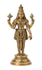 Golden brass statue of Lord Vishnu holding a conch and discus, standing on a pedestal, representing the sustainer of the universe.