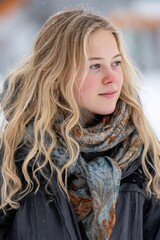 Fototapeta premium Young blonde girl smiling, wearing a warm scarf and coat in winter