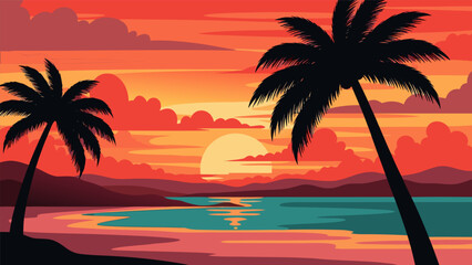 Vibrant sunset over a tropical beach with silhouetted palm trees and calm ocean waters.
