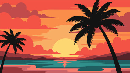 Vibrant sunset over a tropical ocean with silhouetted palm trees and colorful clouds.