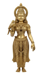 Golden brass statue of Goddess Andal or Bhudevi with a parrot on her arm, representing devotion and divine love.