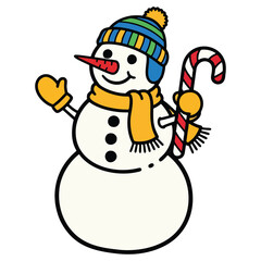 Friendly snowman in colorful winter clothing holding candy cane