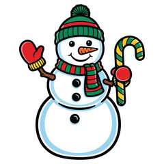 Smiling snowman in green hat and scarf holding candy cane