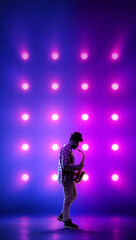 Creative layout. Saxophonist walking on stage with purple blue concert lights. Concept of concert promo, jazz event ads, music festival visuals, nightlife marketing and background for media layouts.