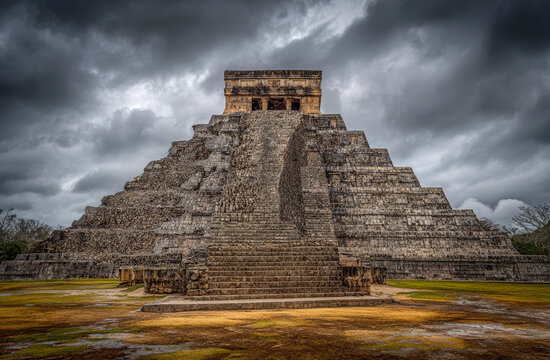 Pir&aacute;mide maya de Chich&eacute;n Itz&aacute; con escalinata central y cielo tormentoso dram&aacute;tico

