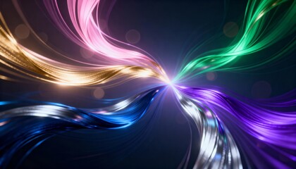 Futuristic abstract background with dynamic, glowing light lines flowing from a central energy point. Vibrant pink, gold, green, and blue colors create a modern tech and data connection concept.