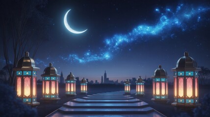 Nighttime Celebration: A mystical night scene with illuminated lanterns, a crescent moon, and a starry sky, offering a sense of peace, celebration, and reflection.