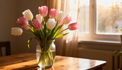 Fresh Pink and White Tulips in Glass Vase on Wooden Table by Window. Soft Morning Light Creates Peaceful Spring Home Decor Still Life.