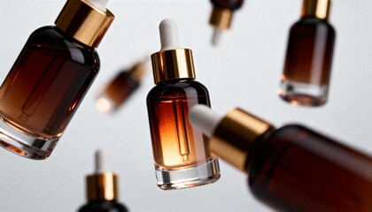 Dynamic and elegant studio shot of amber cosmetic dropper bottles suspended in air against a light background. Luxurious skincare serum presentation with gold accents.