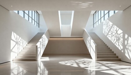 Modern Minimalist Interior Design with Symmetrical Staircases. Bright, serene architectural space featuring clean lines and intricate patterns of light and shadow on white walls.