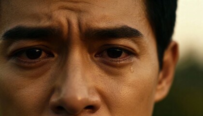 Emotional close-up portrait of a distressed man with a single tear rolling down his cheek, capturing vulnerability and sorrow in cinematic lighting.