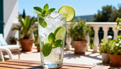Refreshing ice-cold mojito cocktail with fresh mint and lime slices, set on a sunny Mediterranean terrace patio with a blurred background, evoking summer relaxation and luxury vacation lifestyle.