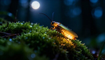 Enchanting macro close-up of a glowing beetle on vibrant green moss, featuring bioluminescence and magical bokeh against a dark nocturnal forest backdrop.