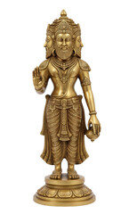 Golden brass statue of Lord Brahma, the creator, with four faces and four arms, standing on a lotus pedestal.