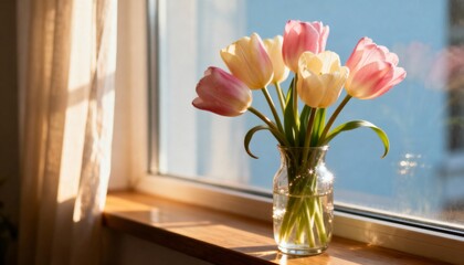 Warm and cozy scene featuring a bouquet of pink and yellow tulips in a glass vase on a bright wooden windowsill. Golden hour sunlight creates a peaceful, tranquil spring atmosphere.