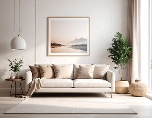 Serene living room with sofa, art, plants, and natural light
