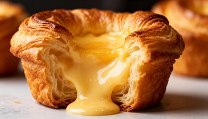 Decadent close-up of a golden pastry with creamy custard filling oozing out. High-quality food photography for bakery menus and gourmet advertisements.