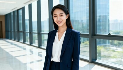 Confident young professional Asian woman in business suit smiles brightly in a modern office building with bright natural window light