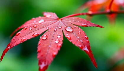 Vibrant Red Japanese Maple Leaf Macro with Raindrops Close-up nature photography capturing the beauty of a fresh crimson leaf against a soft green bokeh background, symbolizing autumn and tranquility.