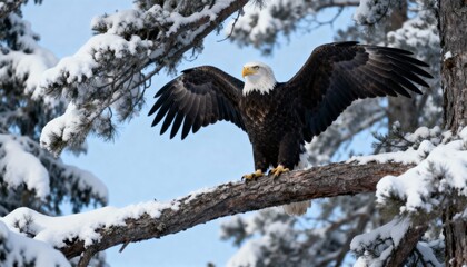 Majestic Bald Eagle Spreading Wings on Snowy Branch against Clear Blue Sky, Capturing Power and Freedom in a Stunning Winter Wilderness Portrait