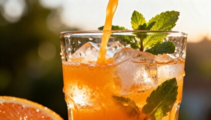 Refreshing vibrant orange summer drink being poured into a glass with ice and fresh mint leaves, captured close-up with bright natural backlighting and condensation.