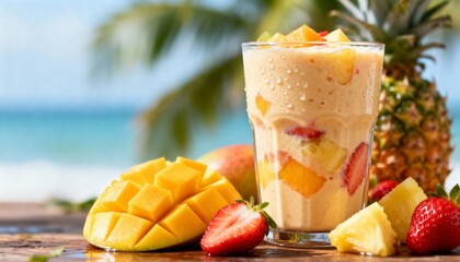 Refreshing Mango Pineapple Smoothie with Strawberry Chunks on a Tropical Beachside Table. Vibrant and healthy summer drink concept against a blurred ocean backdrop.