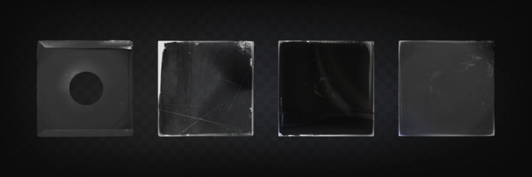 Vintage plastic vinyl packages set isolated on transparent background. Vector realistic illustration of scratched paper cover, wrinkled foil bags for music CD album, retro wraps with grungy texture