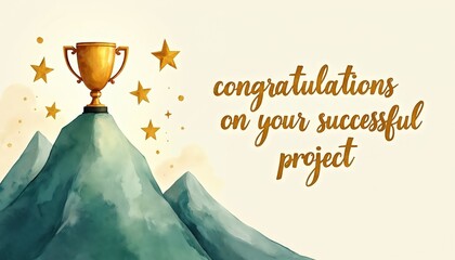 Golden trophy rests atop a mountain peak surrounded by stars. Congratulations on your successful project is written in elegant script. This illustration signifies achievement.