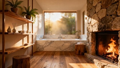Luxurious Rustic Bathroom Retreat with Stone Fireplace, Marble Soaking Tub, and Warm Natural Light. Cozy Spa-like Interior Design for Relaxation.