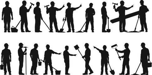 Construction worker silhouettes performing diverse tasks, teamwork on site, painting, hammering, shoveling, carrying materials, safety helmets, industrial labor vector illustration for projects