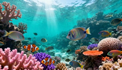 Vibrant tropical coral reef ecosystem with diverse marine life. Colorful fish swim through pristine underwater garden illuminated by sun rays in turquoise ocean water.