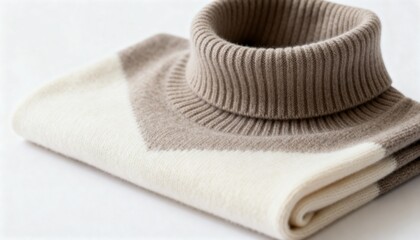 Soft beige and cream folded turtleneck sweater close-up on white background. Cozy high-quality knitwear for minimalist fashion and luxury product branding.