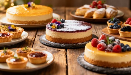 Rustic food photography of decadent cheesecakes and fruit tarts displayed on a wooden table. Appetizing spread of sweet desserts with soft lighting for bakery advertising.