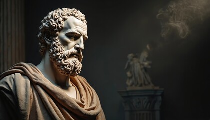 Obraz premium Marble bust of Homer, ancient Greek poet, with curly hair, beard, draped in tunic. Statue represents wisdom, history, timeless literature in dark museum setting with soft lighting. Another statue