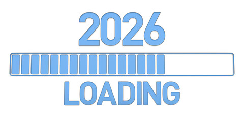 2026 and progress loading bar on white background. Isolated 3D illustration