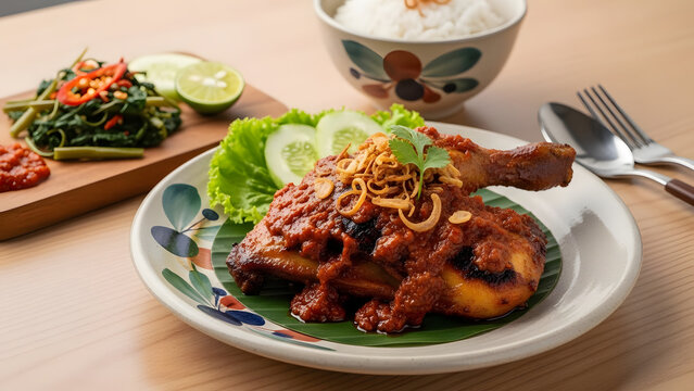 Delicious Indonesian Ayam Goreng with Rice and Vegetables.