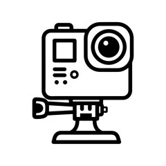 A black and white line drawing of an action camera mounted on a tripod with a lens and screen visible.