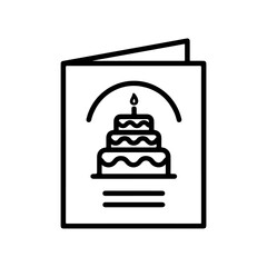 Line art icon of a birthday greeting card featuring a tiered cake with a single candle on top.