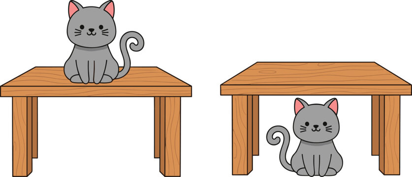 Cute gray cat sitting on and under wooden table illustrating object position concepts, prepositions, learning, and simple cartoon illustration style