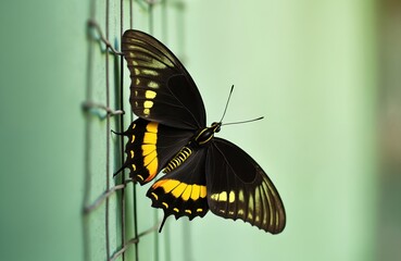 Fototapeta premium A black and yellow birdwing butterfly clings to a metal fence. Its delicate wings show yellow spots and stripes against a dark background. Soft green light illuminates the insect.