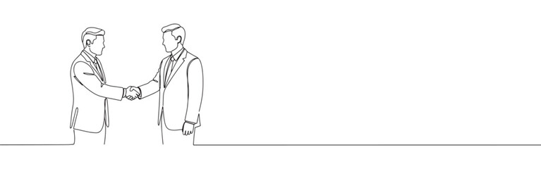 Continuous one line drawing of two men shaking hands. Vector illustration of business partnership deal isolated on white background. Minimalist agreement concept