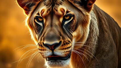 A powerful lioness with intense gaze, framed by golden savanna and dramatic light.