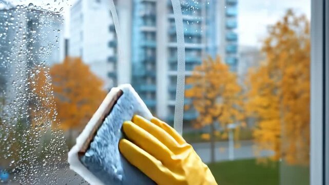 Window cleaner washing and cleaning a window with a squeegee