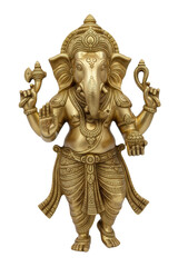 Golden brass statue of Lord Ganesha standing with four arms, holding a goad and noose, representing wisdom and the removal of obstacles.