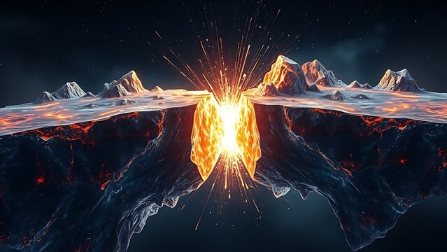Glowing crystal tectonic plates collide, sending fractal shockwaves in slow motion.