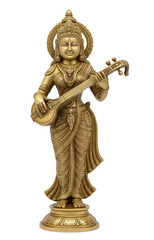 Golden brass statue of Goddess Saraswati playing the Veena, representing knowledge, music, arts, and wisdom.