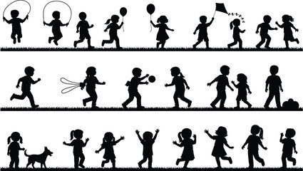 Children playing silhouette panorama showing running, jumping, balloons, kite and games, happy childhood outdoor activities isolated on white background