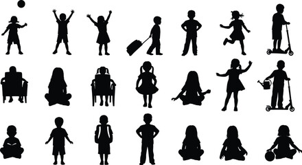 Children Silhouettes in Various Play, Learning, and Daily Activity Poses Isolated on White Background for Childhood Education and Lifestyle Concept Illustration